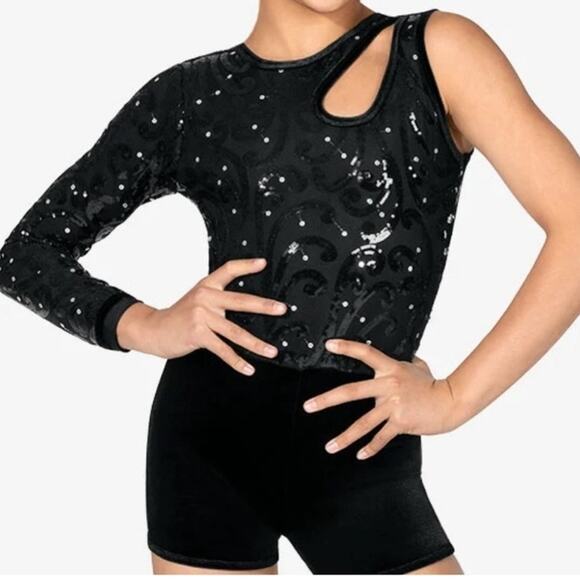 Double Platinum Sequin Unitard dance costume black sequin sparkle CXL - Picture 1 of 4